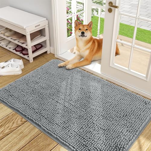 OLANLY Dog Door Mat for Muddy Paws 48x30, Absorbs Moisture and Dirt, Absorbent Non-Slip Washable Doormat, Quick Dry Chenille Mud Mat for Dogs, Entry Indoor Entryway Carpet for Inside Floor, Grey - Image 3