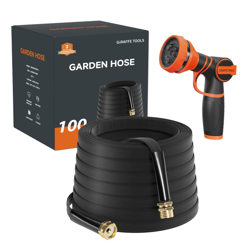 Giraffe Tools Garden Hose 100FT Lightweight Lay Flat Water Hose Kink Free Flexible Hose with 9 Spray Function Nozzle, Black - Image 1