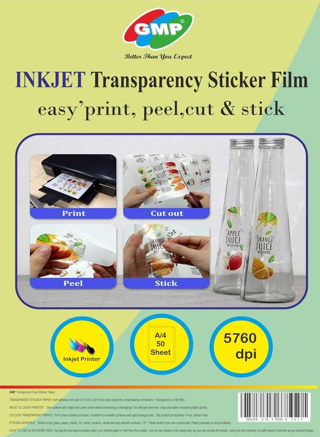 GMP 50 Clear Self Adhesive Sticker Photo Paper for Inkjet and Laser Printer (Transparent) Waterproof, Dries Quickly, Tear Resistant DIY Sticker Printing Label Art (A4-50 Sheets) - Image 1