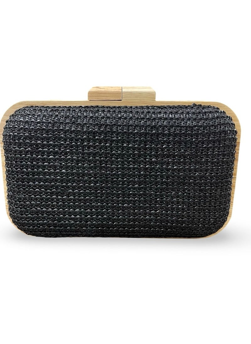 Vbranda - This is a beautifully crafted rectangular clutch with a light natural wood frame VS-42-BLACK - Image 1