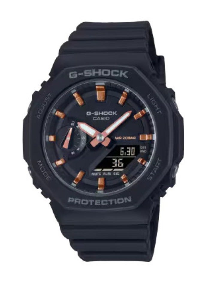 كاسيو ساعة كاسيو جي-شوك ​​GMA-S2100-1AER النسائية التناظرية والرقمية - مينا سوداء مع مؤشرات من الذهب الوردي، سوار من الراتنج الأسود، تصميم نحيف، حماية من الكربون، مقاومة للصدمات، مقاومة للماء حتى عمق 200 متر، إضاءة LED، التوقيت العالمي، ساعة توقيت، منبه - Image 1