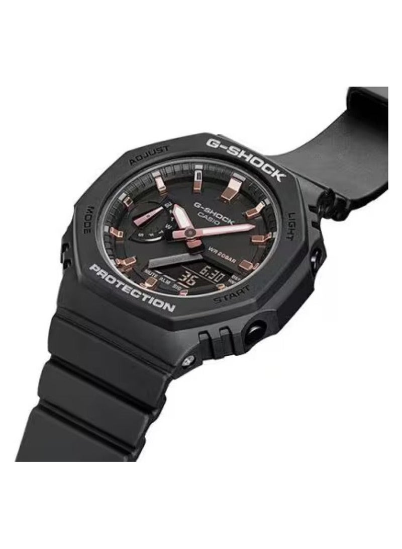 كاسيو ساعة كاسيو جي-شوك ​​GMA-S2100-1AER النسائية التناظرية والرقمية - مينا سوداء مع مؤشرات من الذهب الوردي، سوار من الراتنج الأسود، تصميم نحيف، حماية من الكربون، مقاومة للصدمات، مقاومة للماء حتى عمق 200 متر، إضاءة LED، التوقيت العالمي، ساعة توقيت، منبه - Image 2