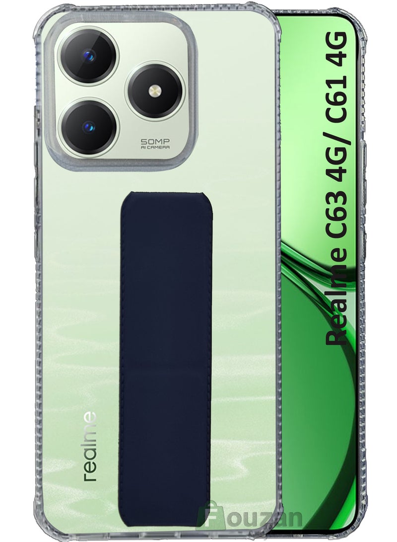 For Realme C63 4G/ C61 4G - Transparent Shock Proof Silicone- Magnetic Case With Hand Grip Holder & Kickstand -Clear/Navy Blue - Image 1