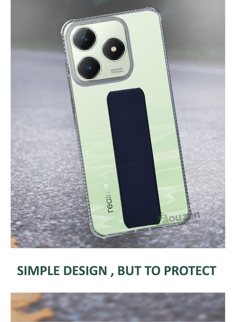 For Realme C63 4G/ C61 4G - Transparent Shock Proof Silicone- Magnetic Case With Hand Grip Holder & Kickstand -Clear/Navy Blue - Image 3