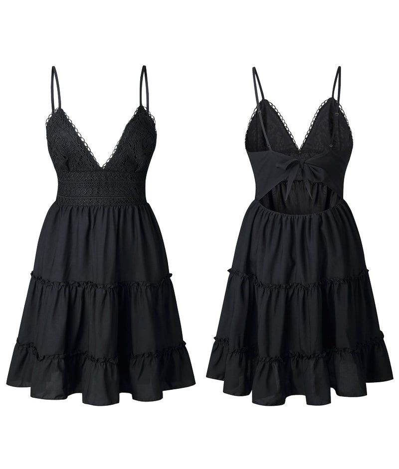 ECOWISH Summer Dresses for Women 2025 V-Neck Spaghetti Strap Bowknot Backless Sleeveless Lace Mini Swing Skater Dress Black Small - Image 5