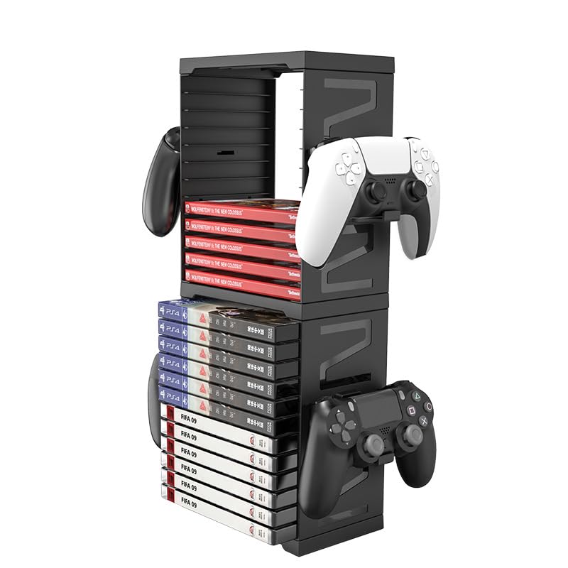 HONCAM Video Game Storage Tower for PS5 PS4 Xbox Nintendo Switch Games Universal Discs Organizers 24 PCS with 4 Controllers Holder Disk Box Stand Rack Accessories - Image 1
