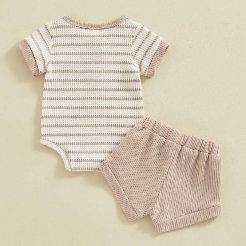 Kuriozud Newborn Baby Boy Summer Clothes Striped Button Short Sleeve Romper Bodysuit Shorts Set Infant Soft Waffle Outfit Striped Beige, 0-3 Months - Image 3