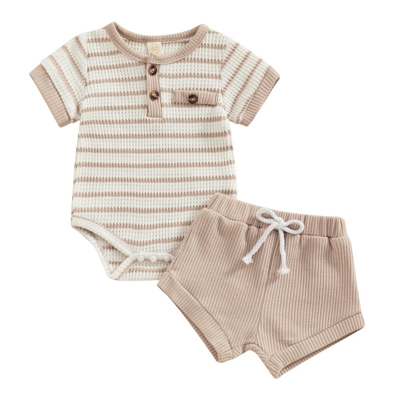 Kuriozud Newborn Baby Boy Summer Clothes Striped Button Short Sleeve Romper Bodysuit Shorts Set Infant Soft Waffle Outfit Striped Beige, 0-3 Months - Image 1
