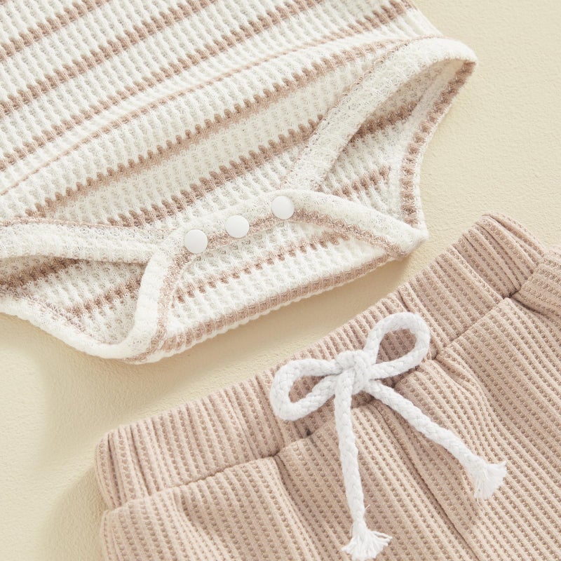 Kuriozud Newborn Baby Boy Summer Clothes Striped Button Short Sleeve Romper Bodysuit Shorts Set Infant Soft Waffle Outfit Striped Beige, 0-3 Months - Image 5