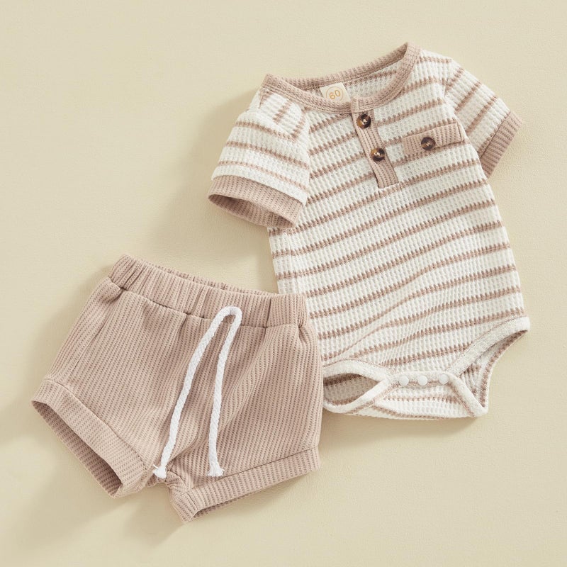 Kuriozud Newborn Baby Boy Summer Clothes Striped Button Short Sleeve Romper Bodysuit Shorts Set Infant Soft Waffle Outfit Striped Beige, 0-3 Months - Image 2