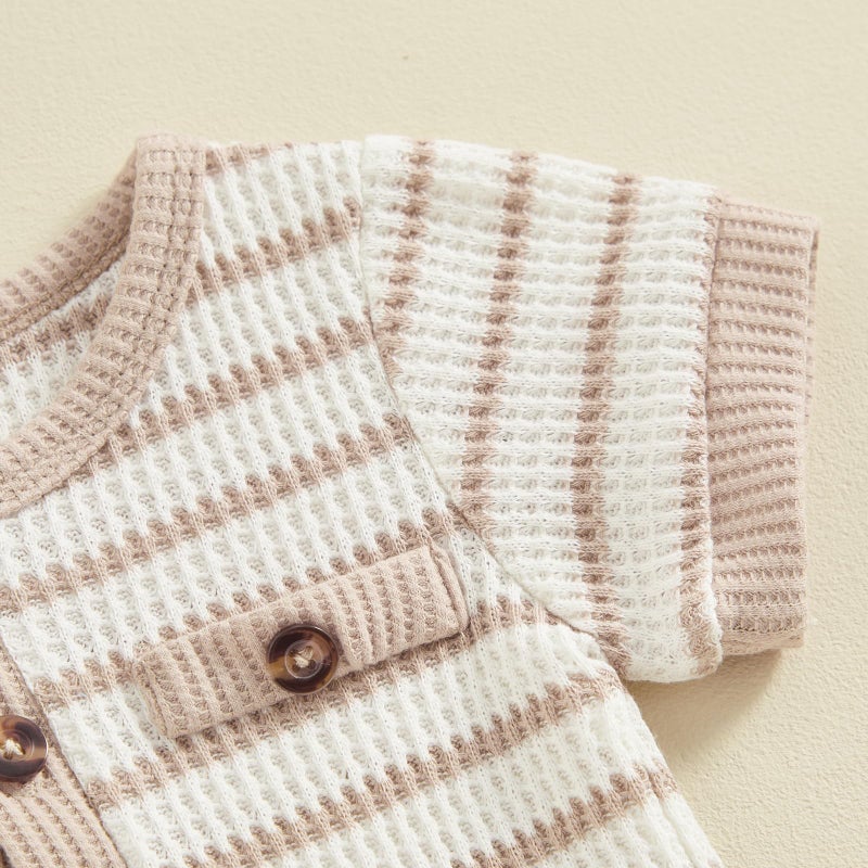 Kuriozud Newborn Baby Boy Summer Clothes Striped Button Short Sleeve Romper Bodysuit Shorts Set Infant Soft Waffle Outfit Striped Beige, 0-3 Months - Image 4