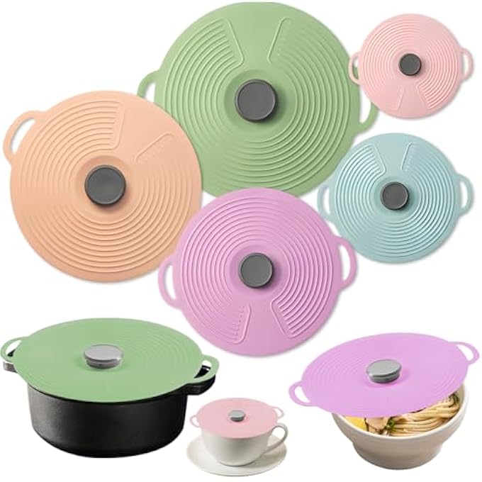HIKKY Universal Lid For Pots Silicone Lids For Bowl Silicone Microwave Cover With 5 Sizes Reusable Heat Resistant 5 Pack Suction Lids Fits Cups Bowls Plates Pots Pans Skillets Stove Top Safe - Image 1