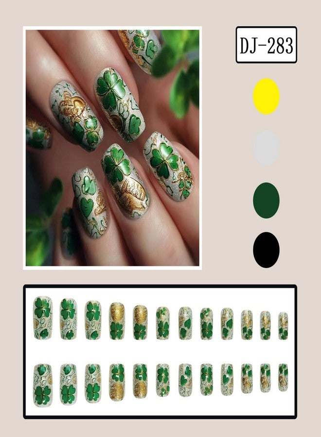 GRITOSE 24pcs St Patricks Press on Nail Medium Square Fake Nails with Green Glitter Design Lucky Shamrock Stick on Nail Glitter Full Cover Spring False Nails Glossy Reusable Acrylic Press ones for Women - Image 2