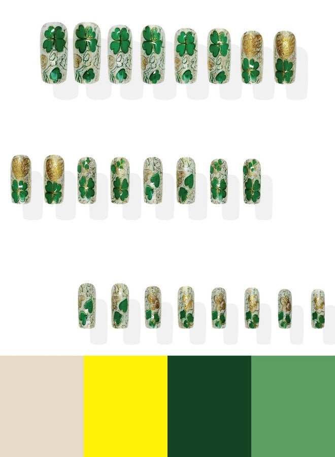 GRITOSE 24pcs St Patricks Press on Nail Medium Square Fake Nails with Green Glitter Design Lucky Shamrock Stick on Nail Glitter Full Cover Spring False Nails Glossy Reusable Acrylic Press ones for Women - Image 3