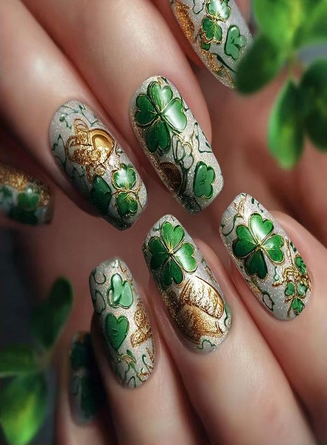 GRITOSE 24pcs St Patricks Press on Nail Medium Square Fake Nails with Green Glitter Design Lucky Shamrock Stick on Nail Glitter Full Cover Spring False Nails Glossy Reusable Acrylic Press ones for Women - Image 1