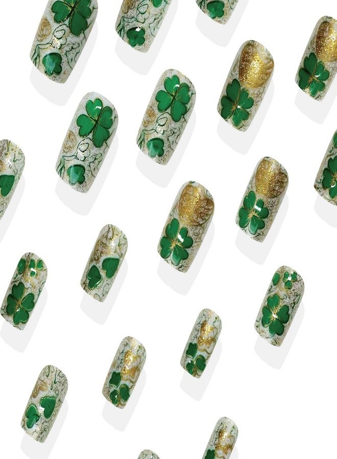 GRITOSE 24pcs St Patricks Press on Nail Medium Square Fake Nails with Green Glitter Design Lucky Shamrock Stick on Nail Glitter Full Cover Spring False Nails Glossy Reusable Acrylic Press ones for Women - Image 5