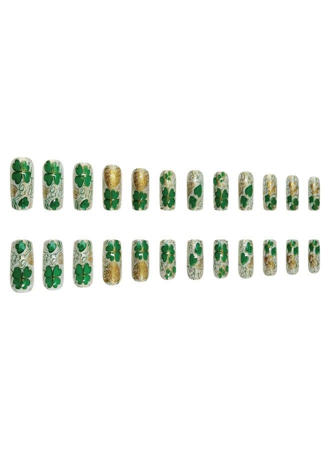 GRITOSE 24pcs St Patricks Press on Nail Medium Square Fake Nails with Green Glitter Design Lucky Shamrock Stick on Nail Glitter Full Cover Spring False Nails Glossy Reusable Acrylic Press ones for Women - Image 4