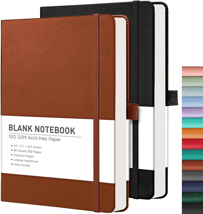 RETTACY Blank Journal Notebook, 2-Pack, 192 Pages per Pack, A5 Medium Size (5.7'' x 8.3''), Leather Hardcover, 100 GSM Thick Paper, for Sketching, Drawing, Painting (Black & Brown) - Image 1
