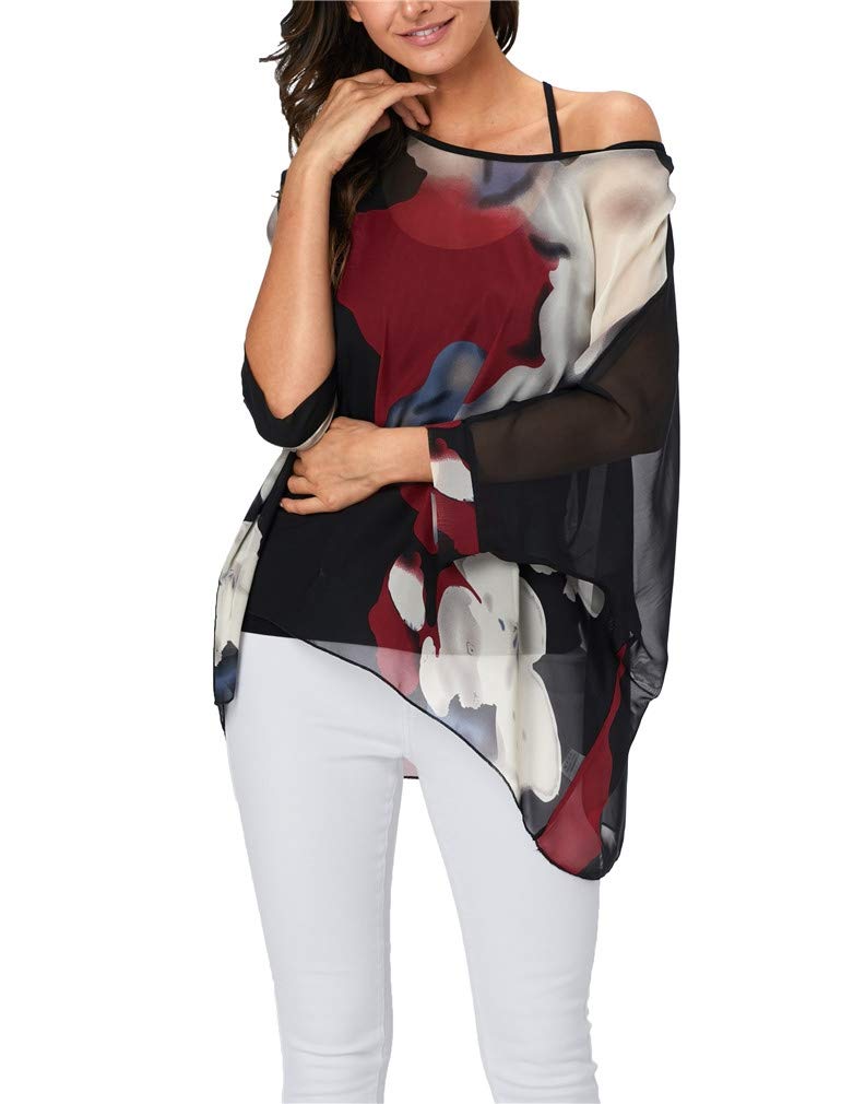 Vanbuy Womens Summer Printed Batwing Sleeve Top Chiffon Poncho Flowy Loose Sheer Blouse Shirt Tunic Z336-43-4333 - Image 1