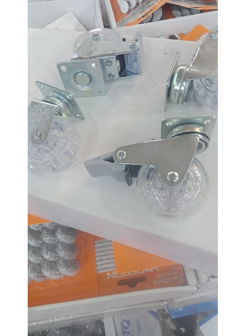 Turkish caster set, transparent color, pivotal, with brakes, consisting of 4 high-quality wheels for offices, tables and all furniture