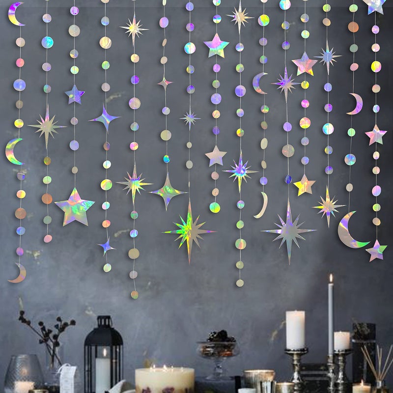 pinkblume Iridescent Star Moon Circle Dot Garland Party Decoration Kit Hanging Crescent and Twinkle Little Star Streamer Bunting Banner for Kids First Birthday Ramadan EID Mubarak Baby Shower Wedding Decor - Image 1