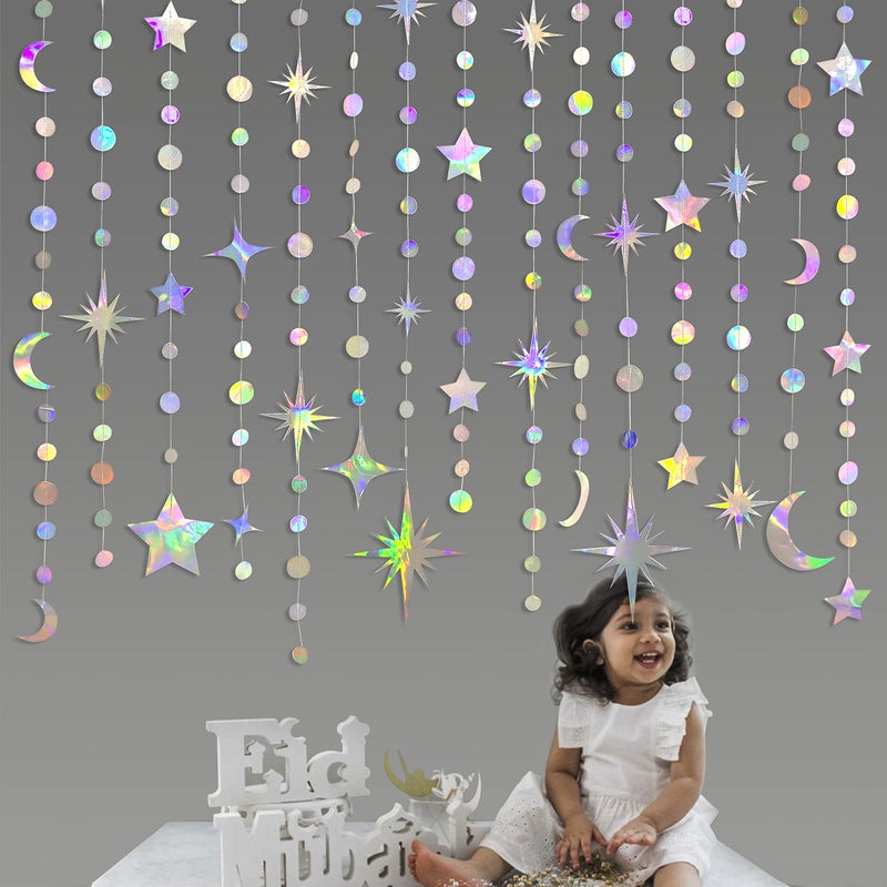 pinkblume Iridescent Star Moon Circle Dot Garland Party Decoration Kit Hanging Crescent and Twinkle Little Star Streamer Bunting Banner for Kids First Birthday Ramadan EID Mubarak Baby Shower Wedding Decor - Image 3