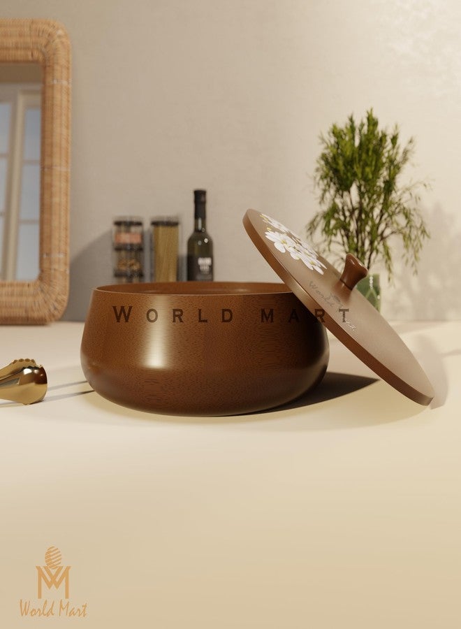 World Mart علبة روتي مصنوعة يدويًا من خشب المانجو من وورلد مارت® مع غطاء، لون بني آمن للطعام، غطاء مزين بنقوش زهور، ليست حافظة للحرارة، مثالية لتقديم الشاباتي في المطبخ وغرفة الطعام | طاجن | 25×8 سم (زهرة الزنبق) - Image 5