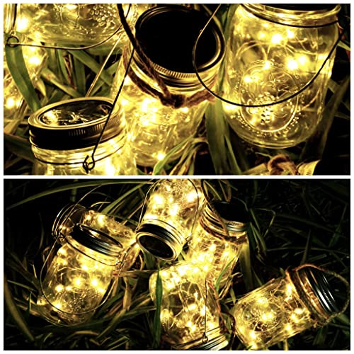 SmilingTown Solar Mason Jar Lights 10 Pack 20 LED Waterproof Outdoor Fairy Firefly String Light Lids with 10 Hangers Rust Resist for Patio Lawn Garden Wedding Lantern Decor No Jars (Warm White) - Image 4