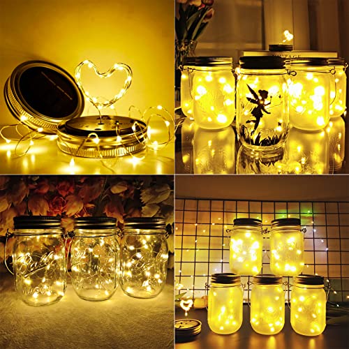 SmilingTown Solar Mason Jar Lights 10 Pack 20 LED Waterproof Outdoor Fairy Firefly String Light Lids with 10 Hangers Rust Resist for Patio Lawn Garden Wedding Lantern Decor No Jars (Warm White) - Image 3