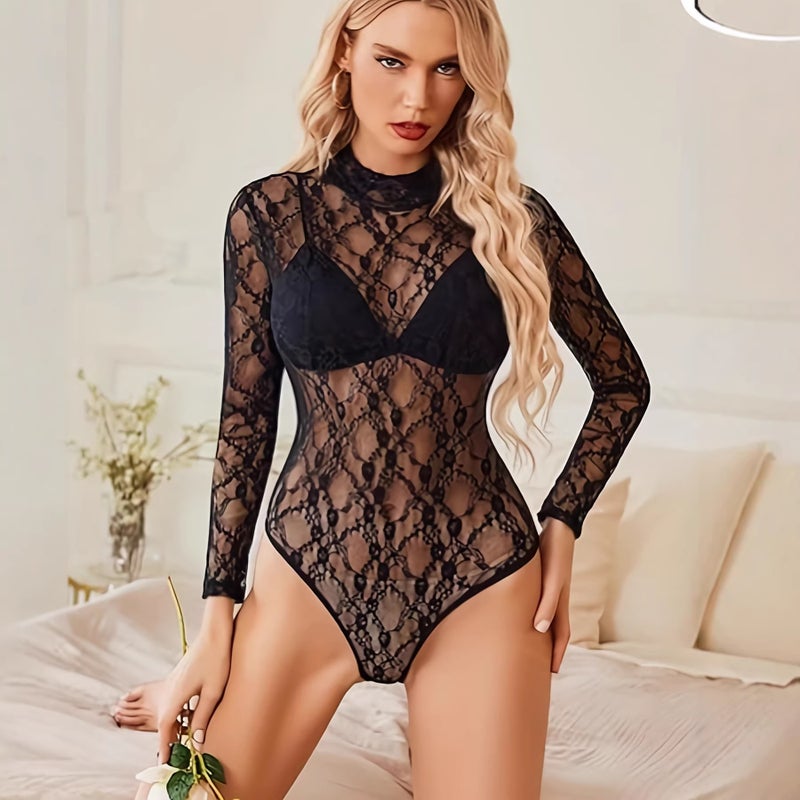 Lace Long Sleeve Mock Neck Jumpsuit - Image 1
