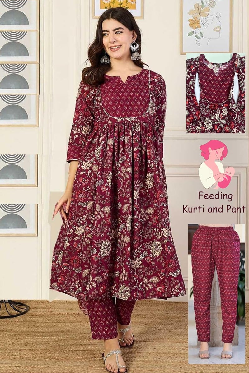 SKY FAB Women Viscose Rayon Anarkali Maternity and Feeding Zip Dress and Pant Set - Image 2