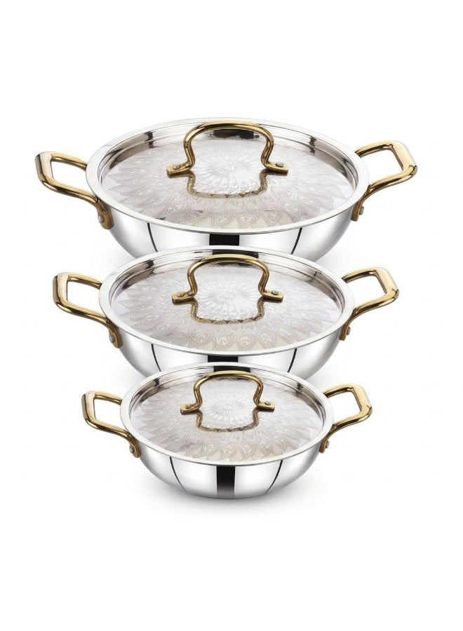 SEAGULL Tri-Ply Stainless Steel Kadai Set with Lid – 3 Piece Set 22Cm/26Cm/30Cm(1.5ml,2.5ml,3.5ml) | Induction Bottom | Gas & Induction Compatible | Heavy Duty 3 Layer Cookware | Mirror Finish - Image 1