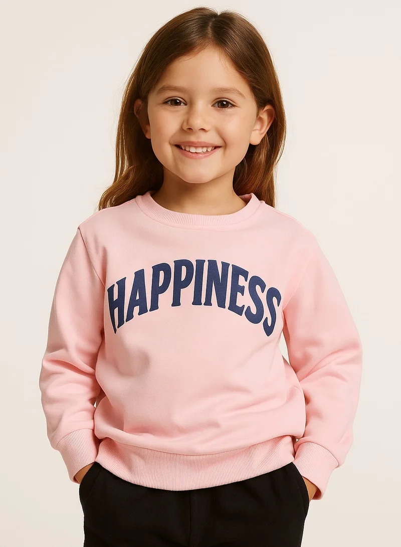 victor and jane Girls' – “HAPPINESS” Slogan Cotton Fleece Sweatshirt | 100% Cotton