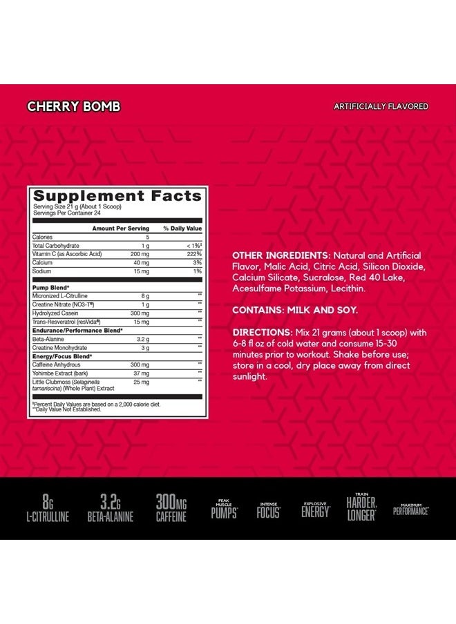 BSN - N.O.-XPLODE Vaso Pre Workout Powder with 8g of L-Citulline and 3.2g Beta-Alanine and Energy, Flavor: Cherry Bomb, 24 Servings - Image 1