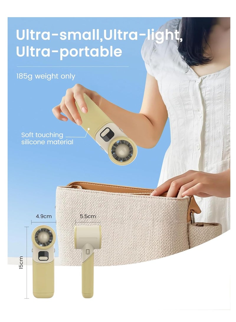 Powerful Handheld Portable Fan, Rechargeable Foldable Turbo Fan with 5 Speeds, Battery Levels Display, Personal Mini Travel Pocket Fan for Makeup Travel Outdoor Gift-Khaki