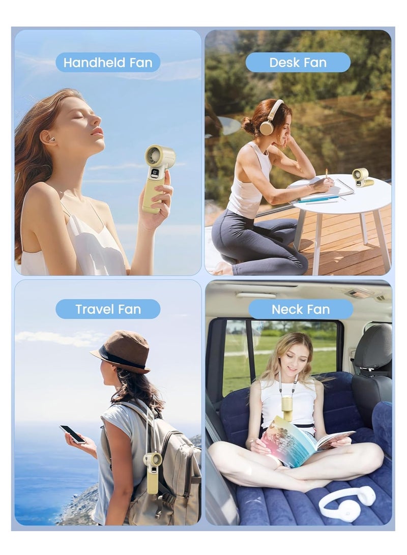 Powerful Handheld Portable Fan, Rechargeable Foldable Turbo Fan with 5 Speeds, Battery Levels Display, Personal Mini Travel Pocket Fan for Makeup Travel Outdoor Gift-Khaki