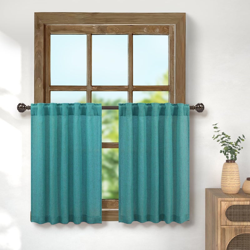 Pitalk Teal Linen Blend Tier Curtains for Kitchen Back Tab Width 30x24 Length - Image 1