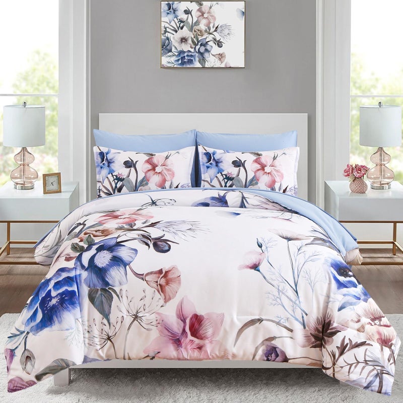 Luxudecor Floral Comforter Set King Size 7 Piece, Blue Flower Bed in a Bag, Elegant Floral Comforter with Sheet Set, Soft Microfiber Bedding Set for All Season (Blue, 104"x90") - Image 1