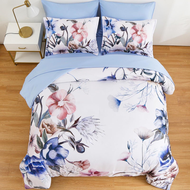 Luxudecor Floral Comforter Set King Size 7 Piece, Blue Flower Bed in a Bag, Elegant Floral Comforter with Sheet Set, Soft Microfiber Bedding Set for All Season (Blue, 104"x90") - Image 3