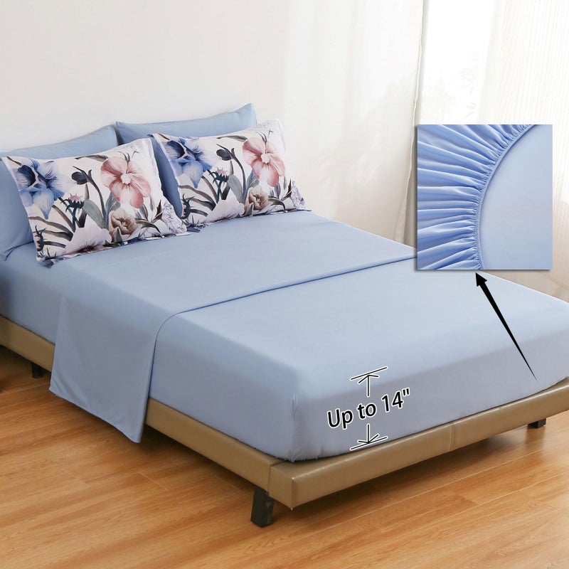 Luxudecor Floral Comforter Set King Size 7 Piece, Blue Flower Bed in a Bag, Elegant Floral Comforter with Sheet Set, Soft Microfiber Bedding Set for All Season (Blue, 104"x90") - Image 4