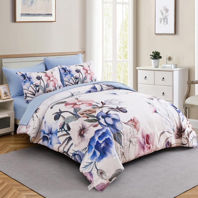 Luxudecor Floral Comforter Set King Size 7 Piece, Blue Flower Bed in a Bag, Elegant Floral Comforter with Sheet Set, Soft Microfiber Bedding Set for All Season (Blue, 104"x90") - Image 2