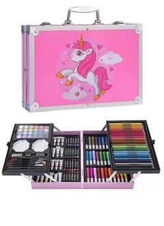ZCM-HAPPY Deluxe 145-Piece Double Layer Aluminum Box Brush Drawing Painting Set - Student Watercolor Pen and Children's Graffiti Gift Box (Pink Unicorn Horse)  - Image 1