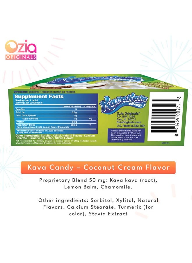 Ozia Originals - Ozia Originals Kava Kava Candy - 8 Kava Candies Per Pack, Kava Extract Stress Relief Supplement, Natural Kava Root Chill Happy Pill, Encourages Positive Mood - Coconut Cream Flavor, 1 Box (12 Packs) - Image 1