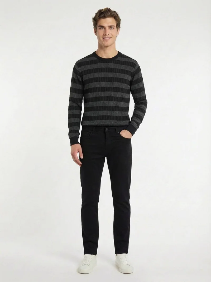 Kip Black Weaving Slim Fit Casual Cotton Blended Trousers