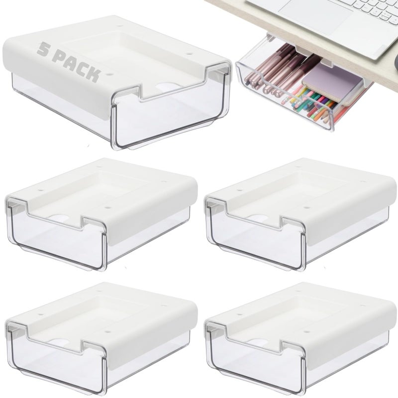 RHBLME 5 Pack Under Desk Drawer, Under Shelf Drawers Slide Out Self-Adhesive Standing Desk Drawer Attachment, Plastic Workspace Organizers for Office Home School - Image 1