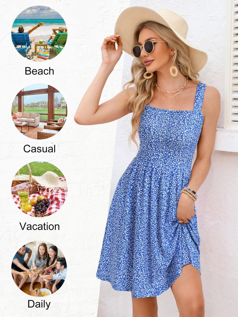 HUHOT Graduation Dresses Blue Floral Dress for Women Hawaiian Midi Tropical Boho Milkmaid Summer Beach Dresses for Women 2025 - Image 3
