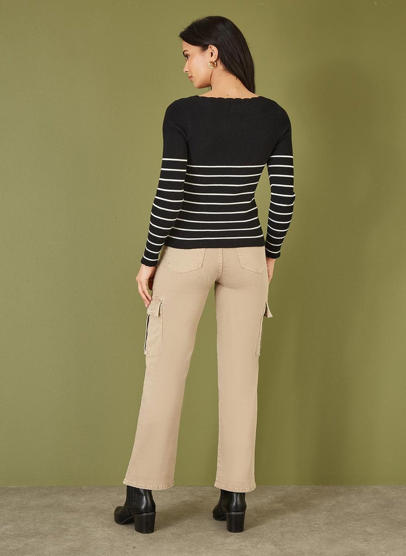 Yumi Stripe Rib Knitted Long Sleeve Top With Button Details - Image 5
