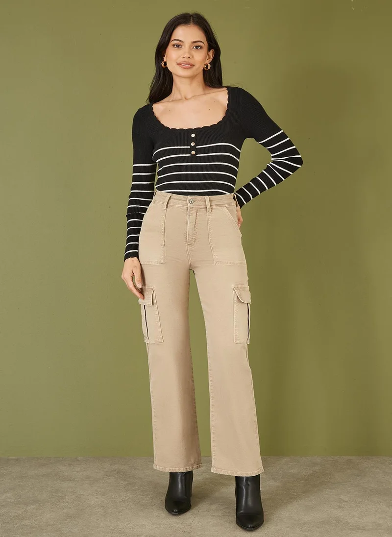 Yumi  Stripe Rib Knitted Long Sleeve Top With Button Details for Women | Best Price UAE