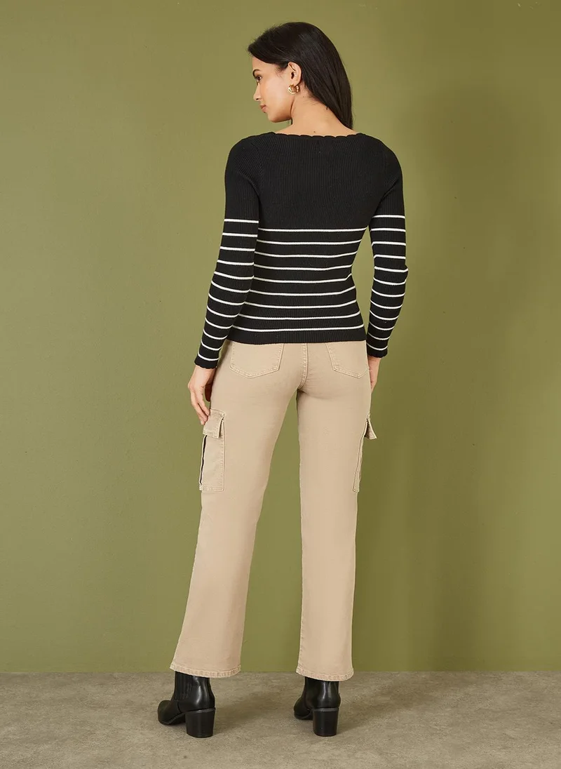 Yumi  Stripe Rib Knitted Long Sleeve Top With Button Details for Women | Best Price UAE