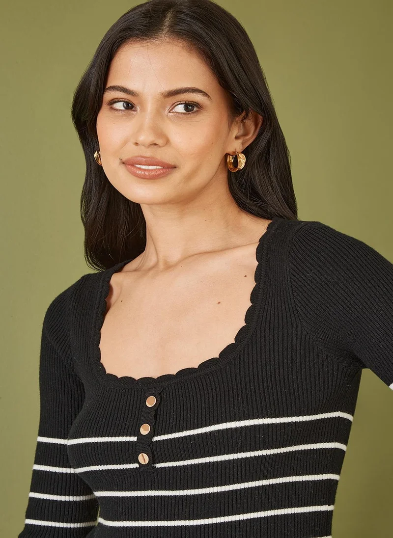 Yumi  Stripe Rib Knitted Long Sleeve Top With Button Details for Women | Best Price UAE
